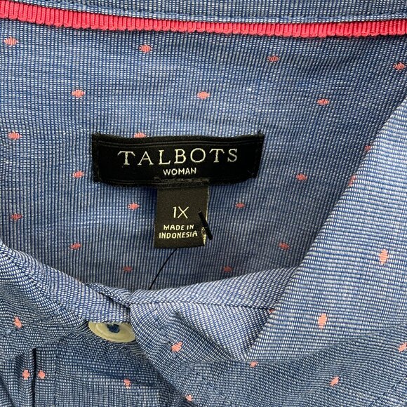 Talbots Woman 1X Blue Pink Polka Dot Button-Up Shirt Long Sleeve - Picture 3 of 6